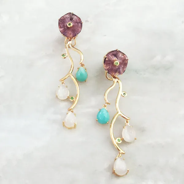 Violets Twinset Earrings with Carved Flower Amethysts, Green Agate, Amazonite & Moonstones