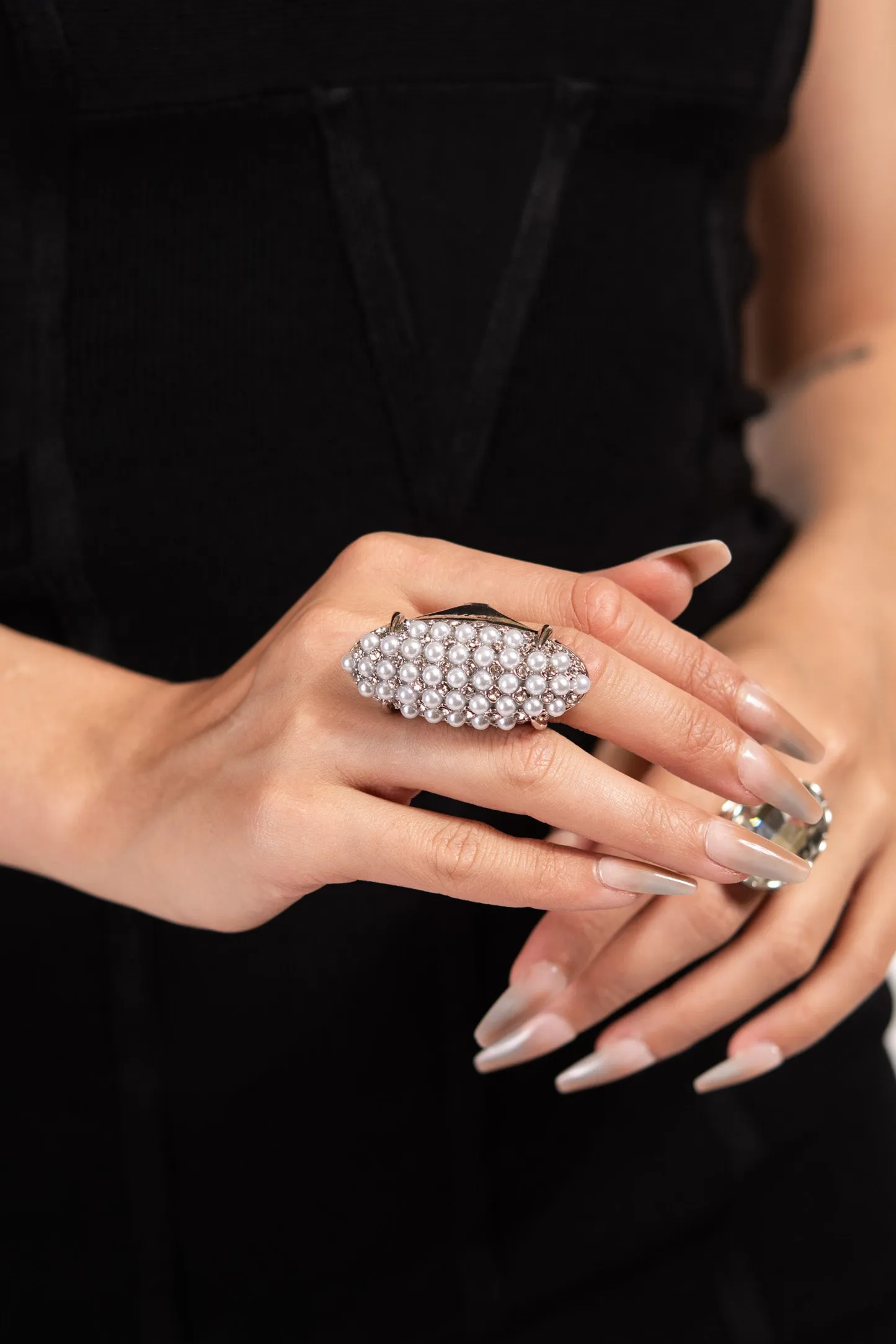 Xyla Pearl & Rhinestone Oval Shield Ring